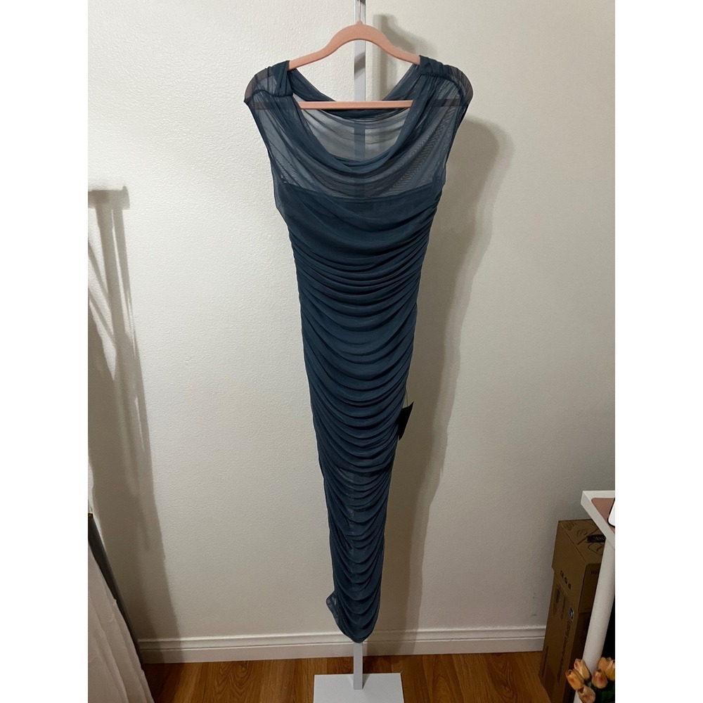 NWT Lulus Sunama Slate Blue Mesh Ruched Bodycon Midi Dress Small - Picture 9 of 11